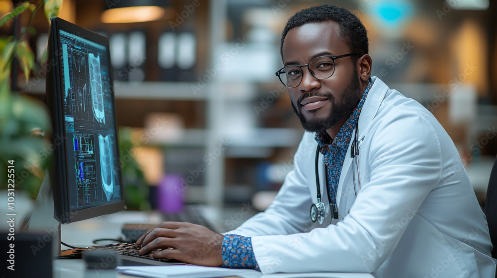 African American doctor in white coat looking at camera while using a computer. African American doctor in white coat looking at camera while using a computer.