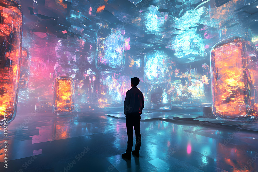 Silhouette of a Person in a Futuristic 3D Environment with Colorful Abstract Background Silhouette of a Person in a Futuristic 3D Environment with Colorful Abstract Background