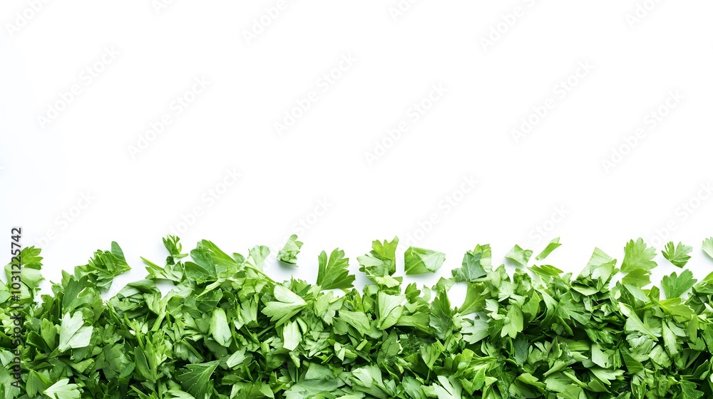Obraz premium chopped parsley leaves isolated on white background with copy space above.