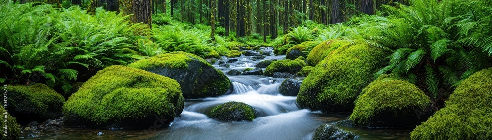 A tranquil stream cascading over moss-covered boulders, framed by lush green ferns and tall trees, creating a peaceful, secluded scene, stream boulders mossy A tranquil stream cascading over moss-covered boulders, framed by lush green ferns and tall trees, creating a peaceful, secluded scene, stream boulders mossy