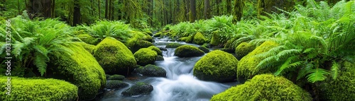 A tranquil stream cascading over moss-covered boulders, framed by lush green ferns and tall trees, creating a peaceful, secluded scene, stream boulders mossy