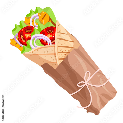 shawarma with meat and tomatoes on a white background