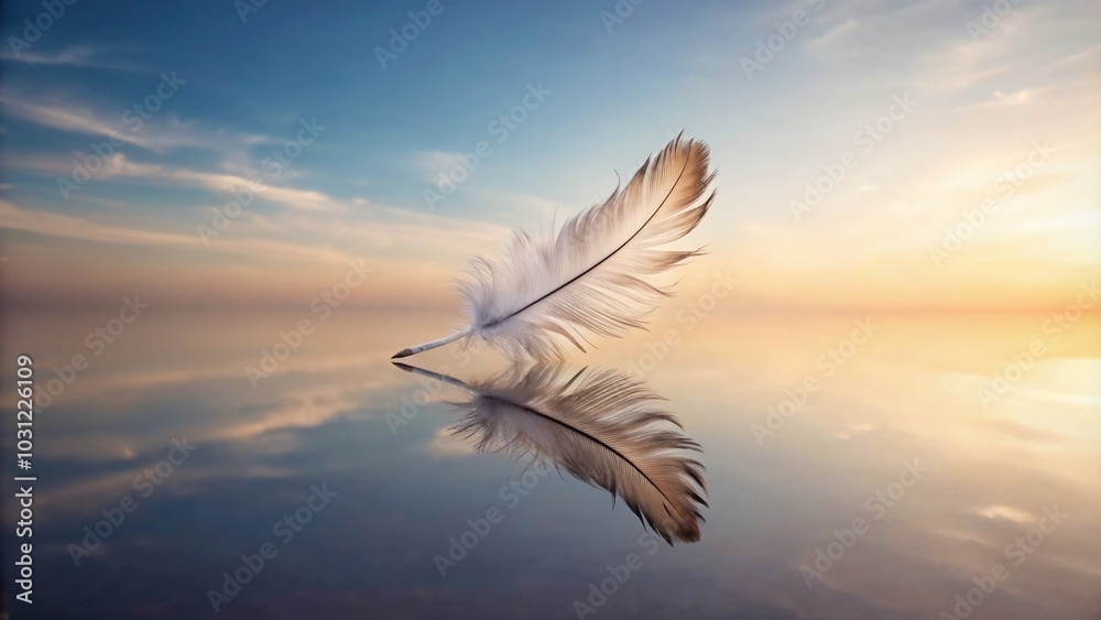 Feather floating on calm water at sunset with reflection