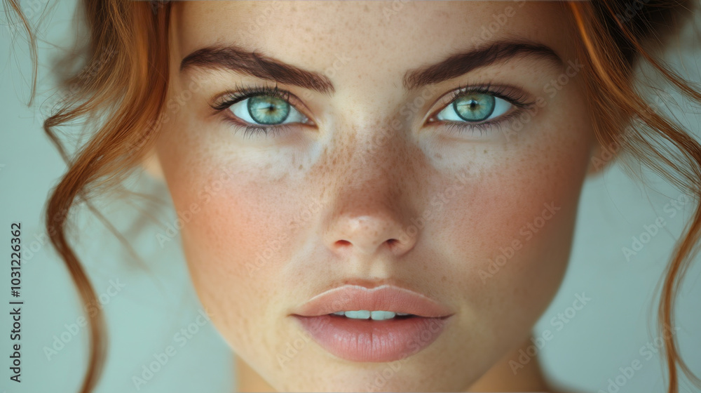 Close-up portrait of a young woman with freckles and blue eyes. Close-up portrait of a young woman with freckles and blue eyes.