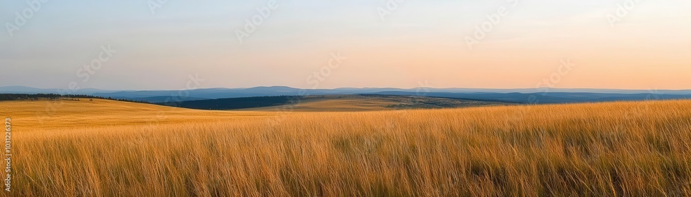 Sunlit plateau with tall, wild grasses swaying gently, vast sky stretching endlessly on the horizon, a scene of natural serenity, plateau grass horizon Sunlit plateau with tall, wild grasses swaying gently, vast sky stretching endlessly on the horizon, a scene of natural serenity, plateau grass horizon