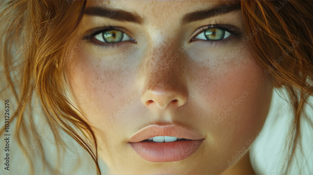 Close-up portrait of a young woman with freckles and green eyes. Close-up portrait of a young woman with freckles and green eyes.