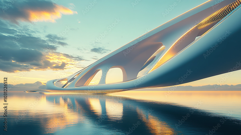 A futuristic bridge with sleek, curvilinear architecture, reflecting the sky at sunset A futuristic bridge with sleek, curvilinear architecture, reflecting the sky at sunset