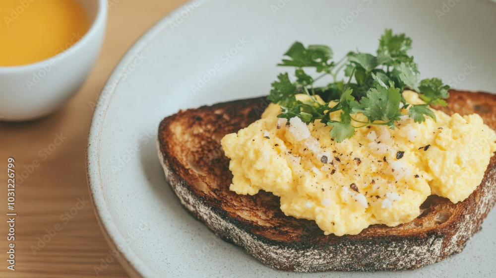 Scrambled eggs on toast with a side of tea, a simple breakfast. Scrambled eggs on toast with a side of tea, a simple breakfast.