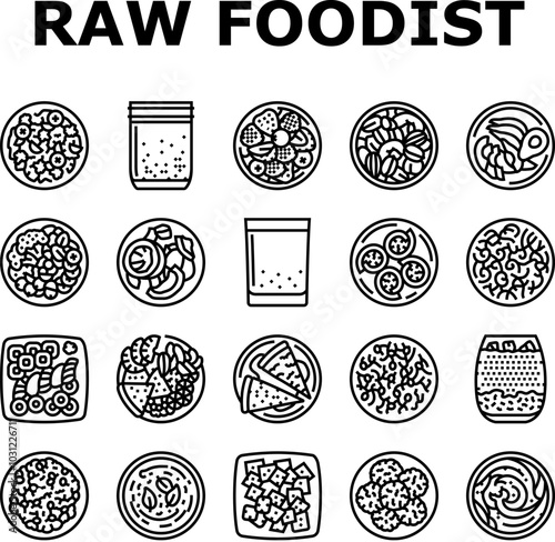 raw foodism food organic icons set vector. vegan detox, cleanse nutrition, superfoods enzymes, sprouts juicing, smoothies raw foodism food organic black contour illustrations