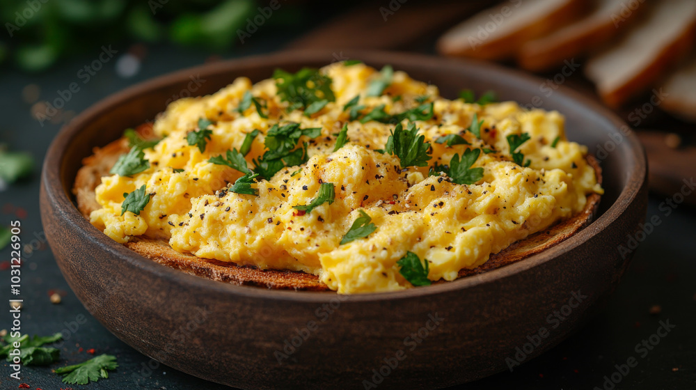 Close-up of scrambled eggs with parsley on toast in a rustic bowl. Close-up of scrambled eggs with parsley on toast in a rustic bowl.
