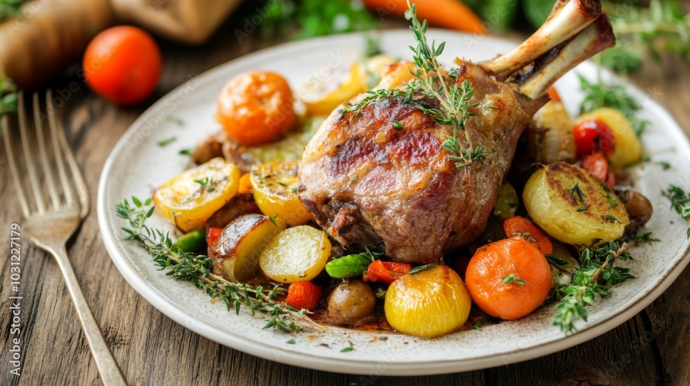 Roasted Lamb Leg with Vegetables on Rustic Plate Roasted Lamb Leg with Vegetables on Rustic Plate