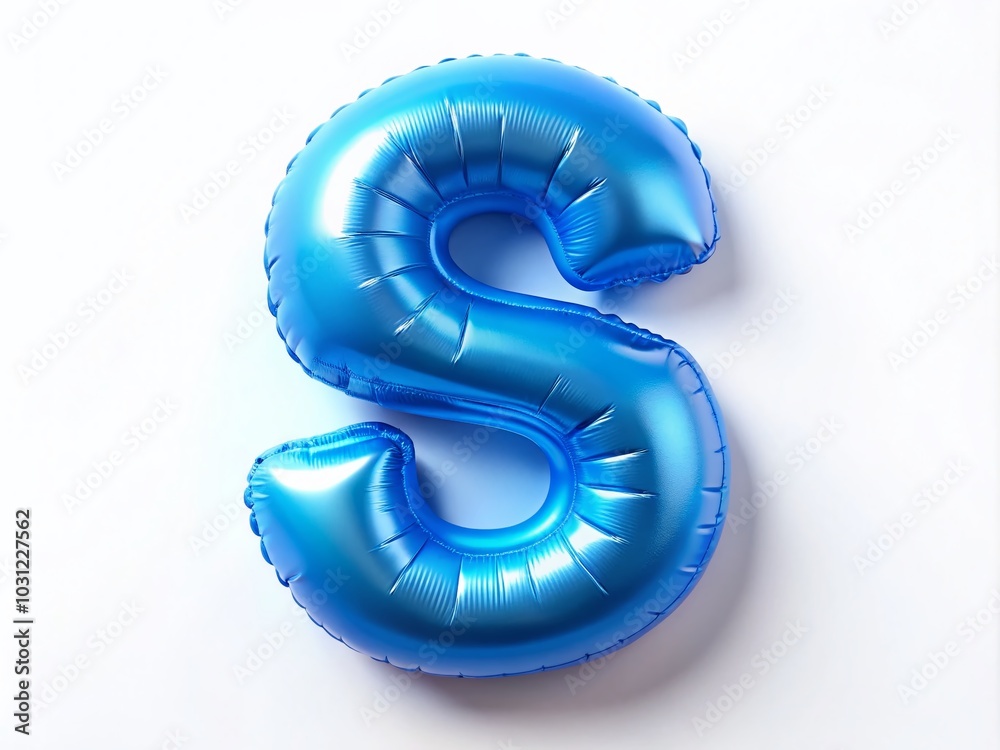 3D Inflatable Blue Balloon Letter S on White Background - Textured Material for Creative Designs and Branding Needs
