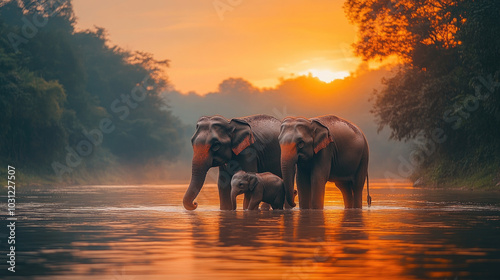 Maravillosa familia de elefantes en Asia pastan y disfrutan del agua.

