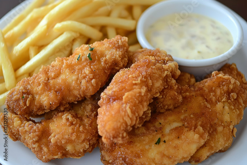 Crispy Fried Chicken Tenders with French Fries and Dipping Sauce - Food Photography