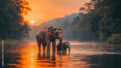 Obraz Maravillosa familia de elefantes en Asia pastan y disfrutan del agua.

