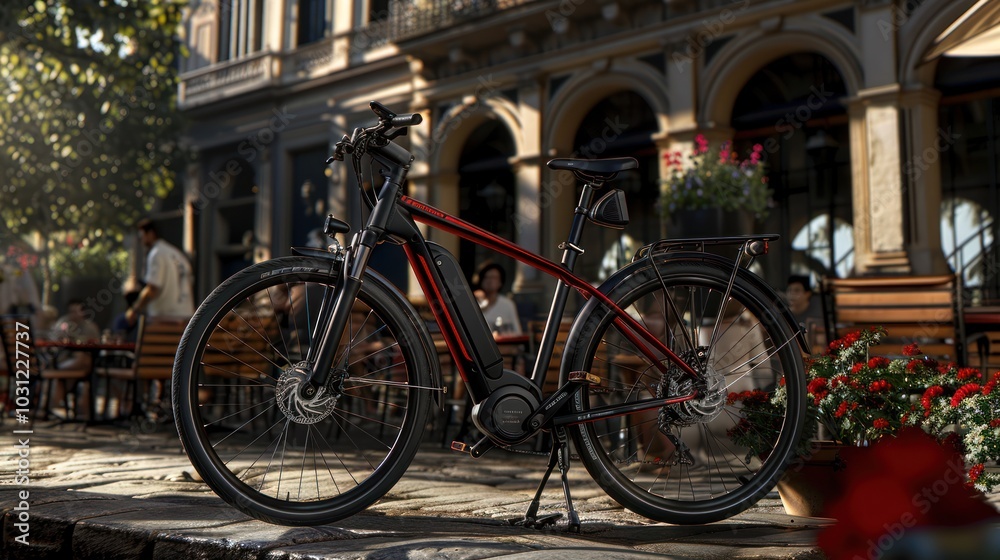 Black Electric Bike Parked on Cobblestone Street with Red Accents Black Electric Bike Parked on Cobblestone Street with Red Accents