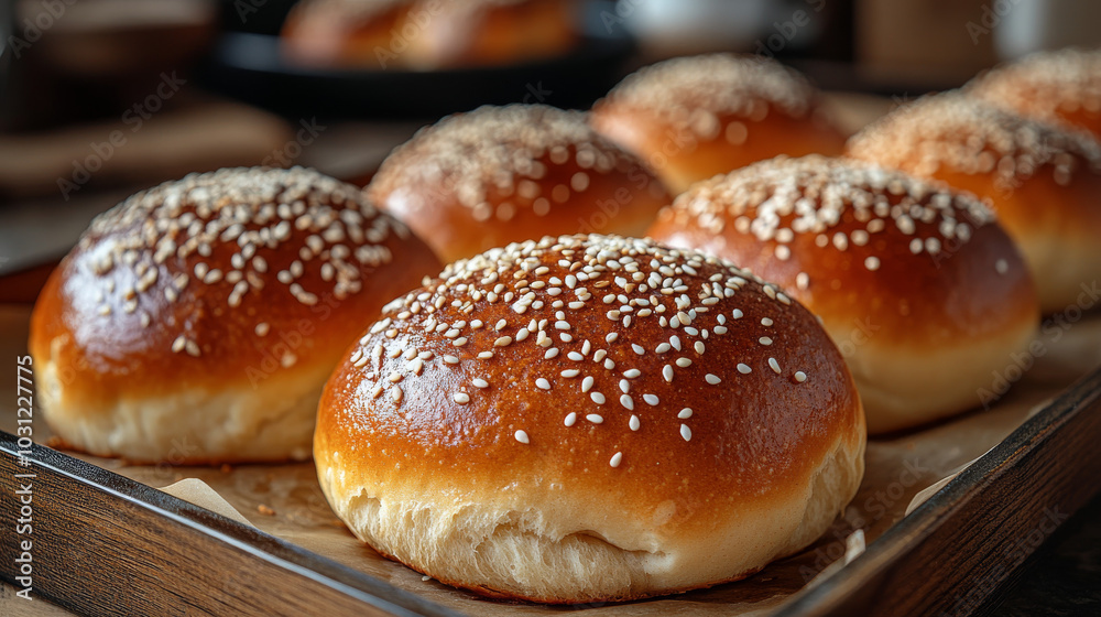 Freshly baked hamburger buns with sesame seeds, ready to be filled with your favorite toppings. Freshly baked hamburger buns with sesame seeds, ready to be filled with your favorite toppings.