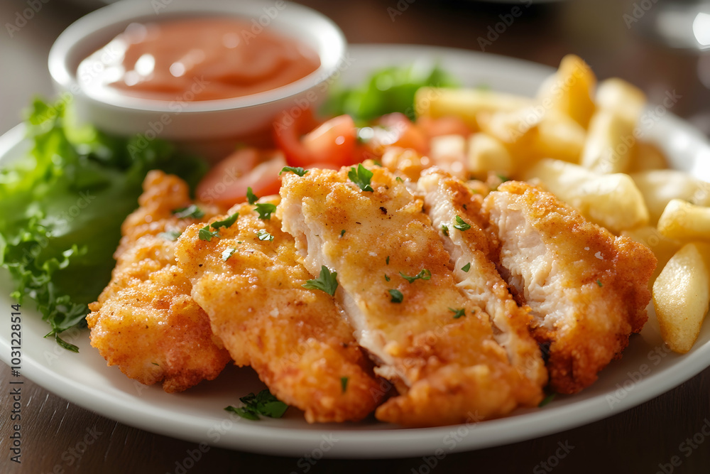 Crispy Fried Chicken with French Fries and Salad - Realistic Food Image Crispy Fried Chicken with French Fries and Salad - Realistic Food Image