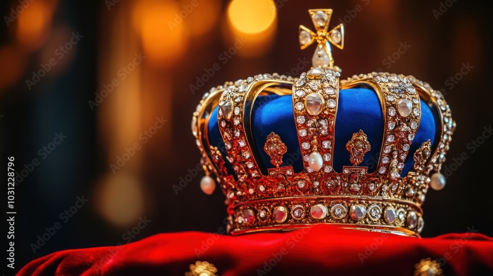 A close-up of a golden crown with blue velvet and jewels on a red velvet cushion.