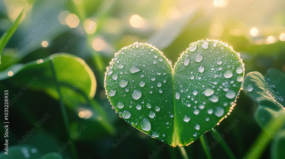 A heart-shaped clover leaf with dewdrops, sunlight shining through the leaves A heart-shaped clover leaf with dewdrops, sunlight shining through the leaves