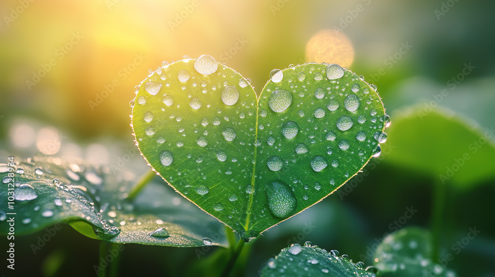 A heart-shaped clover leaf with dewdrops, sunlight shining through the leaves A heart-shaped clover leaf with dewdrops, sunlight shining through the leaves
