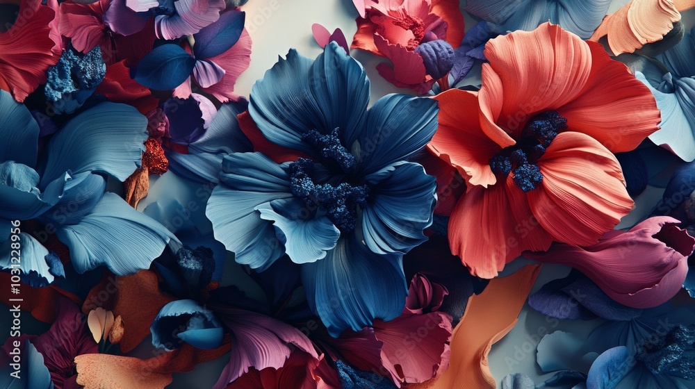 Abstract floral pattern with blue, red, and pink flowers. Abstract floral pattern with blue, red, and pink flowers.