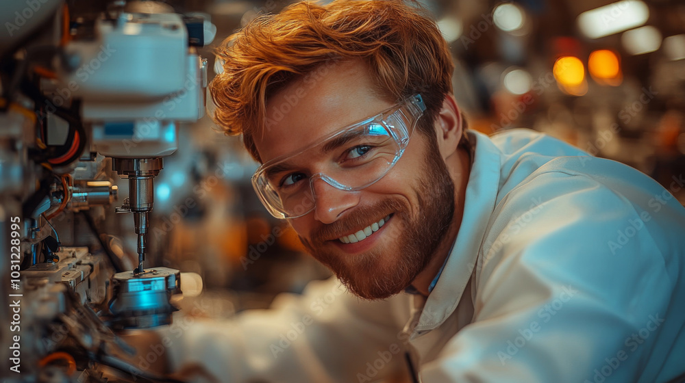 Smiling engineer in safety glasses working on a machine. Smiling engineer in safety glasses working on a machine.