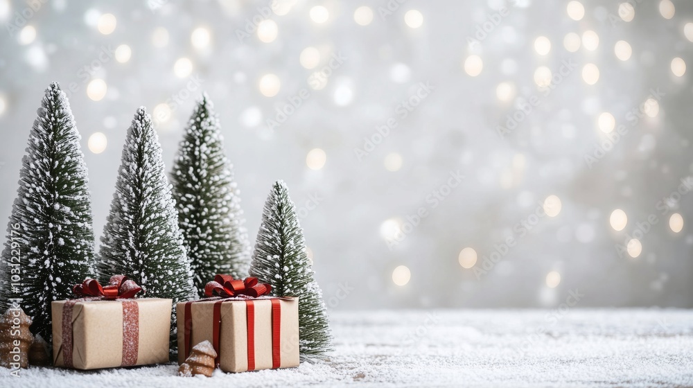 A Beautiful Christmas Scene with Gifts and Snowy Trees A Beautiful Christmas Scene with Gifts and Snowy Trees