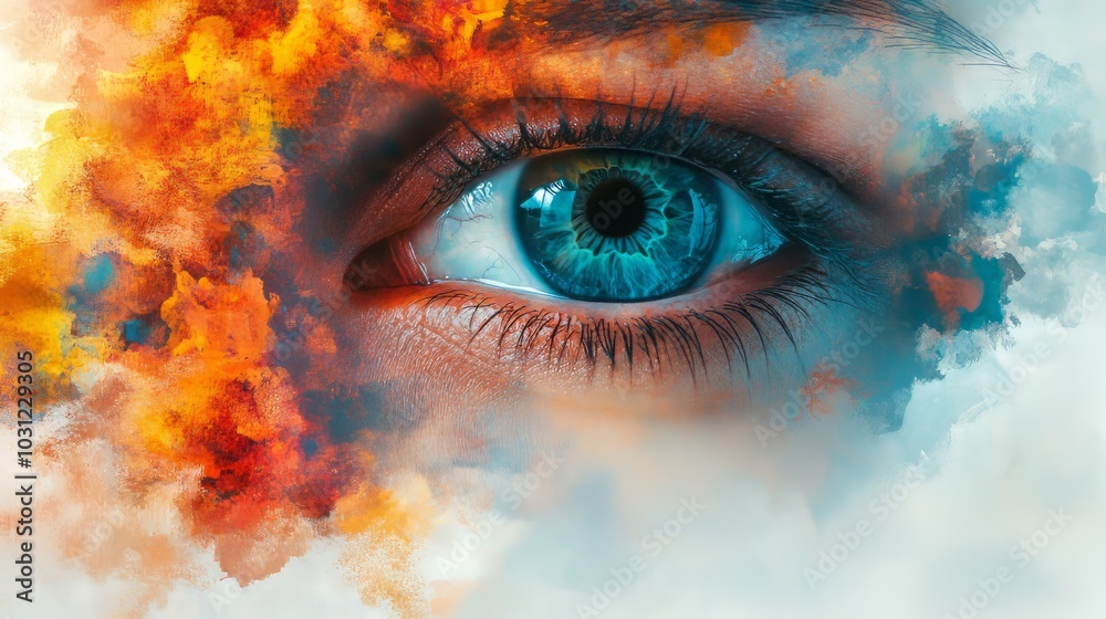 Close-up of a blue eye with colorful smoke around it. Close-up of a blue eye with colorful smoke around it.
