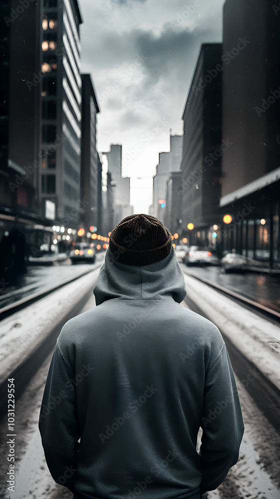 Urban Solitude: A lone figure, shrouded in a hoodie, stands on a snow-dusted city street, his back to the camera, gazing towards a distant, light-filled horizon. Urban Solitude: A lone figure, shrouded in a hoodie, stands on a snow-dusted city street, his back to the camera, gazing towards a distant, light-filled horizon.