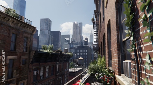 Balcony View of a Cityscape with Brick Buildings and Green Plants