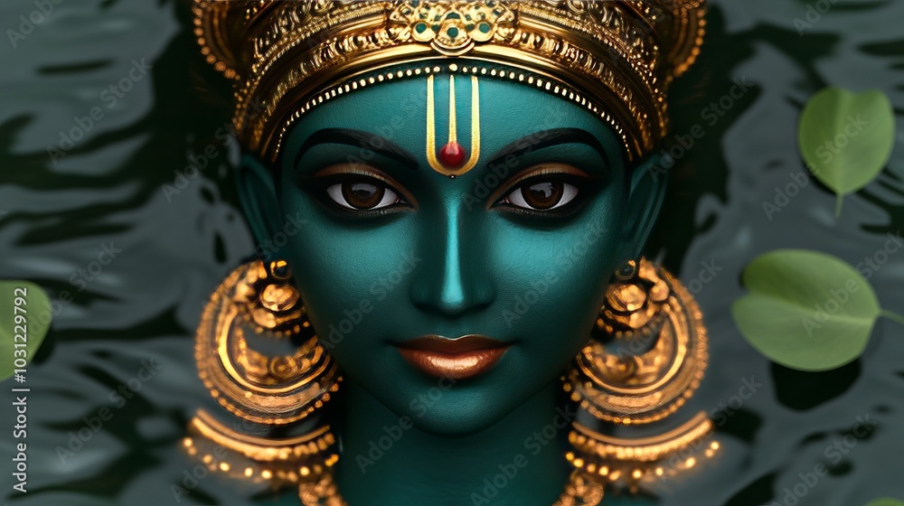 A close-up portrait of a Hindu deity with blue skin, a golden crown, and large, dark eyes. The deity is surrounded by water and leaves. A close-up portrait of a Hindu deity with blue skin, a golden crown, and large, dark eyes. The deity is surrounded by water and leaves.