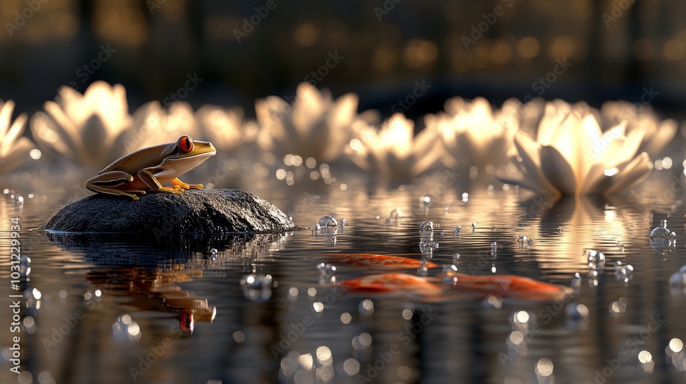 A green tree frog sits on a rock in a pond with white water lilies and goldfish swimming below. A green tree frog sits on a rock in a pond with white water lilies and goldfish swimming below.