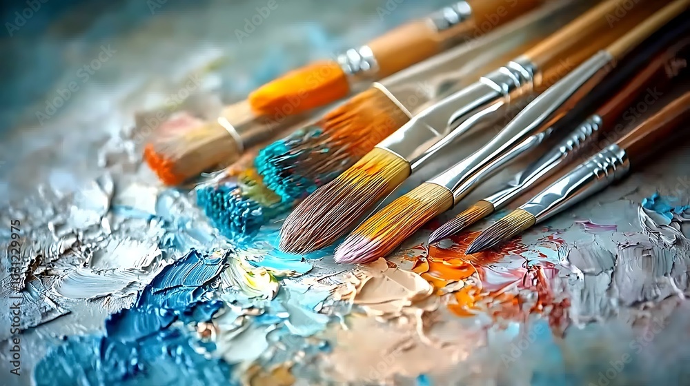 Obraz premium Artist s Palette with Paintbrushes and Oil Paints