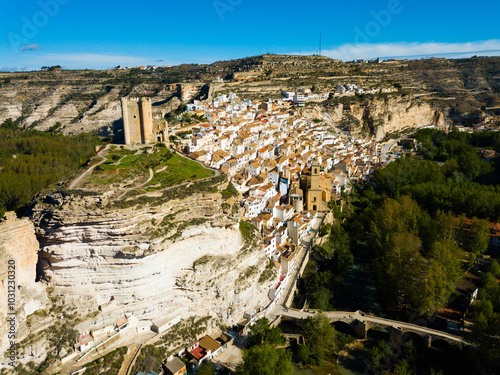 Aerial view of Alcala del Jucar - ancient stone town in Spain