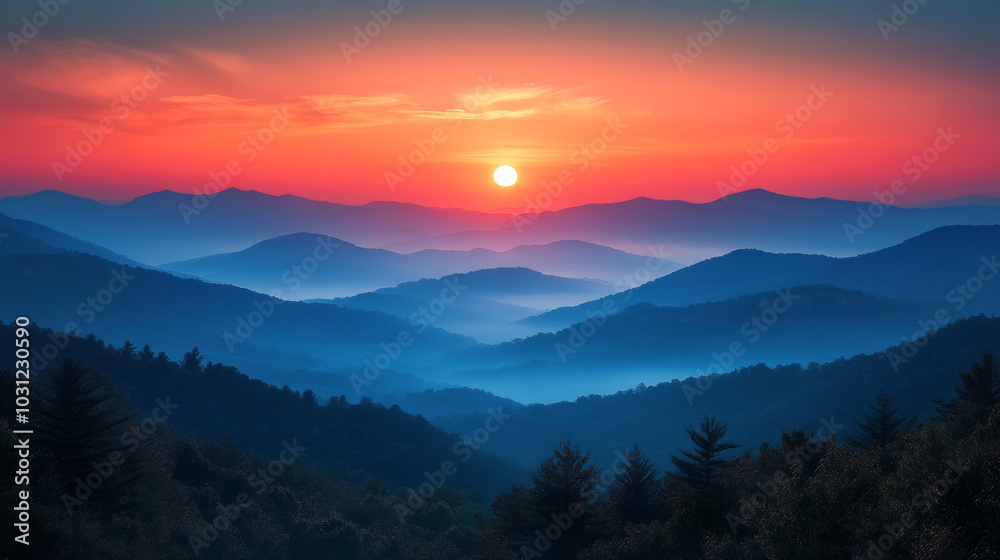 Obraz premium A breathtaking view of a mountain range at sunset, the sky ablaze with vibrant hues of orange and pink.