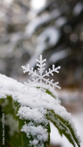 Close-Up of a Snowflake on a Leaf