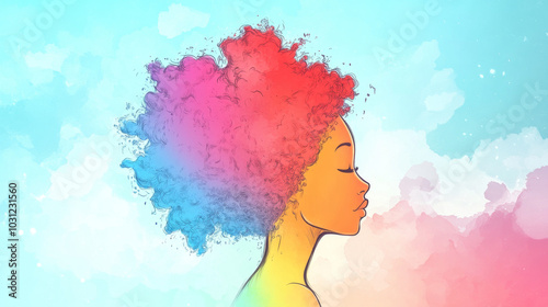 A beautiful young woman with a colorful Afro against a watercolor sky.