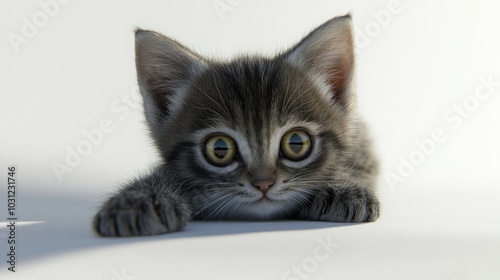 A cute, fluffy kitten with big, curious eyes looks directly at the camera with its paws resting on a white surface.