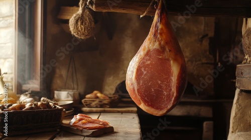 Rustic Kitchen with Hanging Meat Display photo