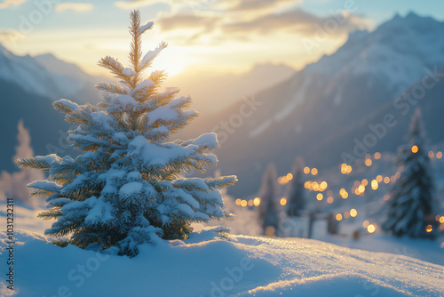 Winter landscape with a snow covered pine tree with a small mountain town in the background photo