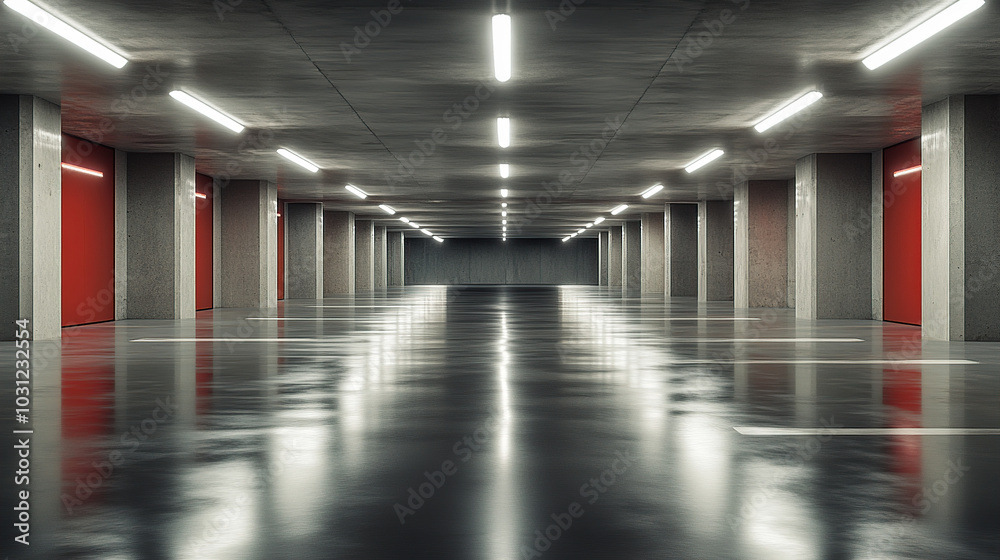Modern underground parking lot with a white painted floor, LED lighting