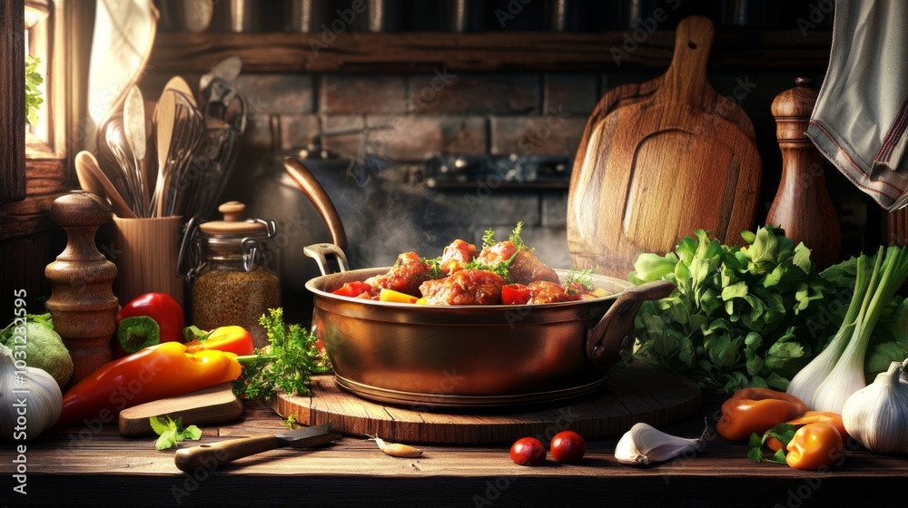 Rustic Kitchen with Cooking Pot and Fresh Ingredients Rustic Kitchen with Cooking Pot and Fresh Ingredients