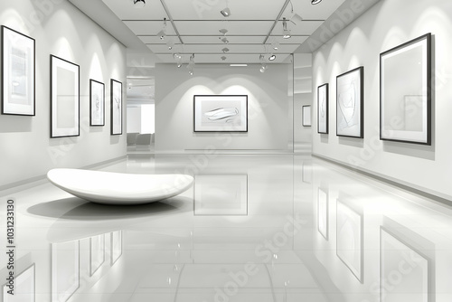 Modern Gallery Interior with White Walls and Black Frames 3D Illustration