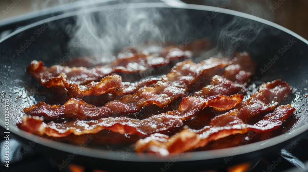Fototapeta premium Crispy Bacon Cooking in a Pan with Steam