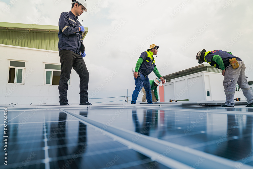 Obraz premium A worker installs or maintains solar panels on a rooftop. The image highlights renewable energy technology, solar power systems, and the role of workers in implementing sustainable energy solutions.