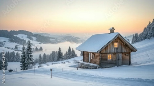 Rustic wooden cabin nestled in snowy mountain landscape at sunset, with warm lights glowing and soft mist rising from the valley...