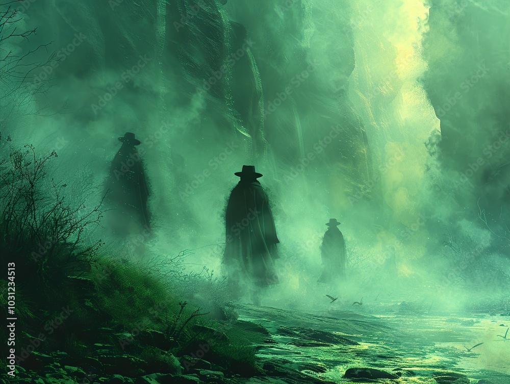Mysterious Figures in a Foggy Landscape Mysterious Figures in a Foggy Landscape