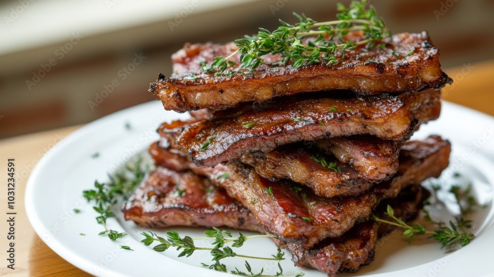 Delicious Barbecue Ribs with Fresh Herbs Plated Delicious Barbecue Ribs with Fresh Herbs Plated