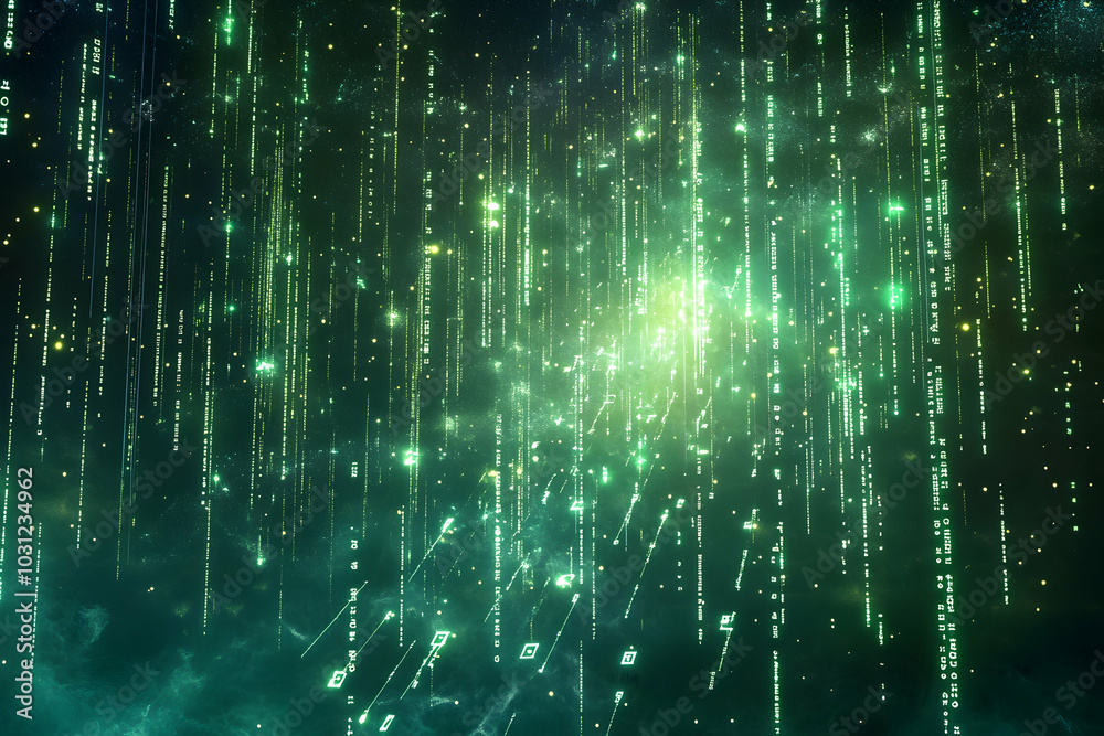 Abstract Background with Green Digital Rain and Glowing Particles Abstract Background with Green Digital Rain and Glowing Particles